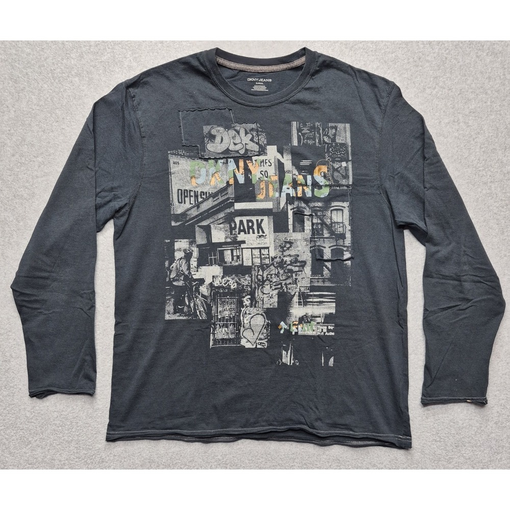 DKNY Jeans T-Shirt Men's XL Charcoal Grey Long Sleeve City Graphic Print Cotton